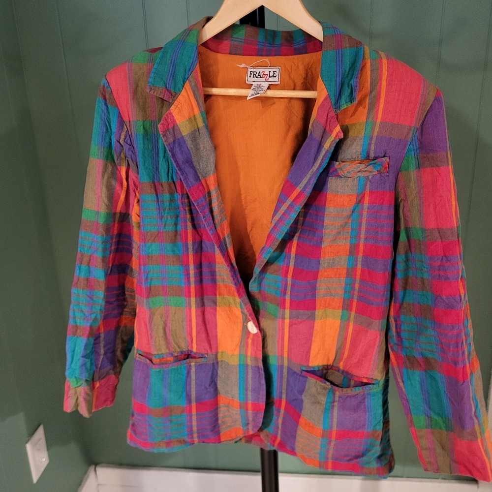 Madras, Multicolor Plaid Cotton Blazer, Large, Frazzle